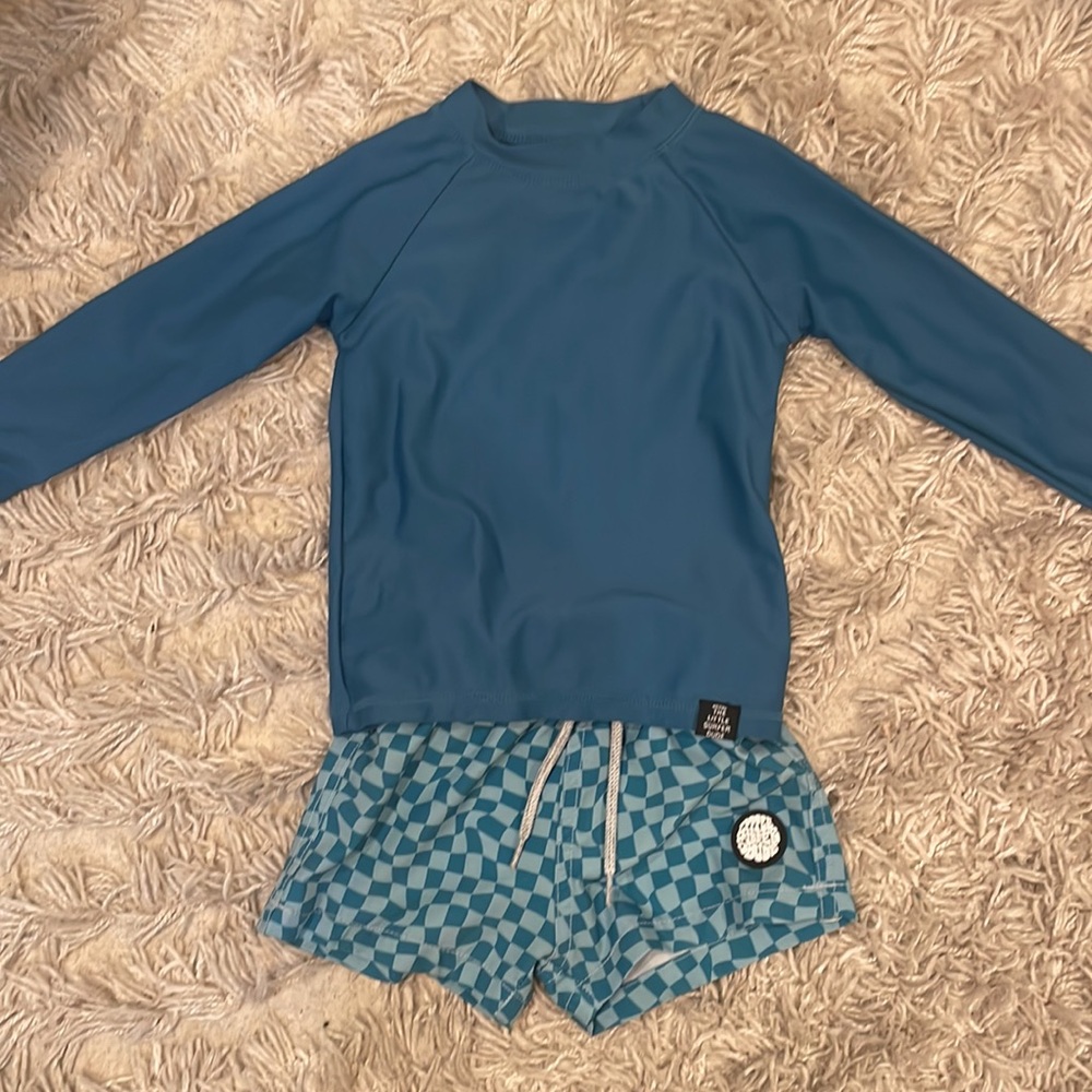 Checkered Dark Blue Swim Trunks and Rash Guard- 12-18 months